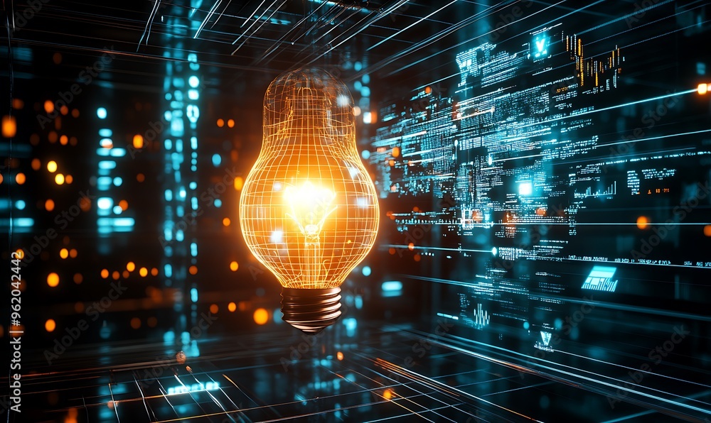 Poster glowing lightbulb in a digital grid space