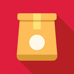 Sealed paper bag standing up with round label on red background