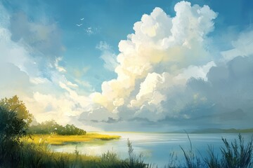 Lush Green Grassland Meets Tranquil Blue Water Under a Cloudy Sky