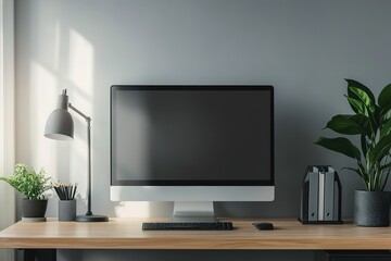 Modern workspace with computer and plants on desk