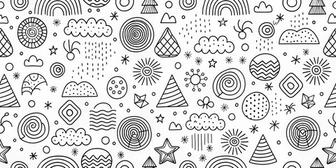 Black and White Hand-Drawn Seamless Pattern with Geometric Shapes, Stars, Clouds and Rainbows, pattern , seamless pattern , hand drawn pattern