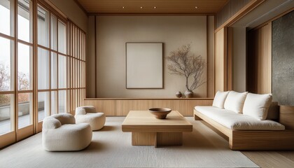 Serene Japandi Living Room with Light Wood Furniture and Minimalist Decor for Sophisticated Ambiance