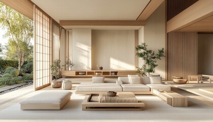 Serene Japandi Living Room with Elegant Light Wood Furniture and Minimalist Decor for Sophisticated Ambiance