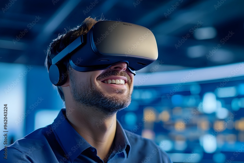 Poster confident virtual reality and augmented reality technology worker guiding user through immersive exp