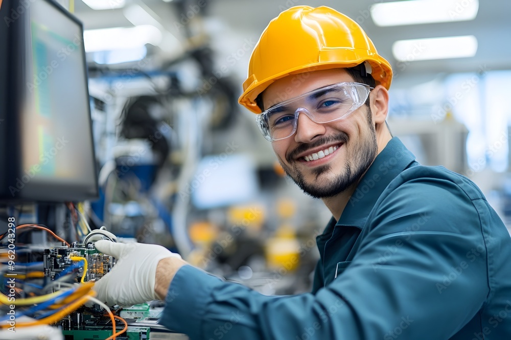 Poster proud computer hardware technician assembling cutting edge component in research lab