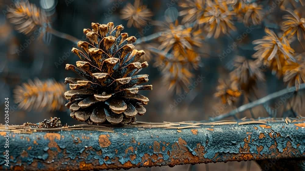 Poster pinecone resting on an old bench surrounded by nature in a tranquil forest setting