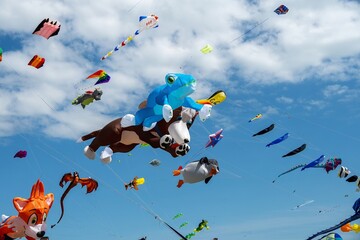 flying dog frog and penguin at the  Portsmouth International Kite Festival July 2024