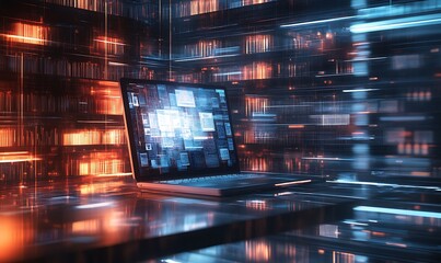 Laptop with Glowing Screen in a Digital Grid Environment