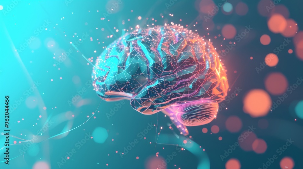 Poster a digital rendering of a brain with glowing neural connections, set against a vibrant blue backgroun