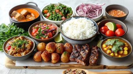 A variety of food is displayed on a wooden board, including rice, beans
