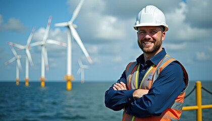 Smiling engineer in helmet and vest stands on offshore platform with wind turbines in the background, showcasing renewable energy.