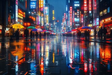 Obraz premium Reflections on Wet Pavement, a bustling city street after rain
