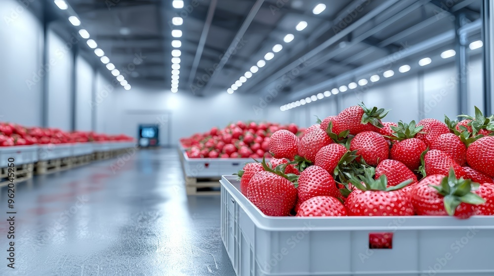 Poster a high-tech warehouse with automated sorting and packaging of fresh produce for delivery