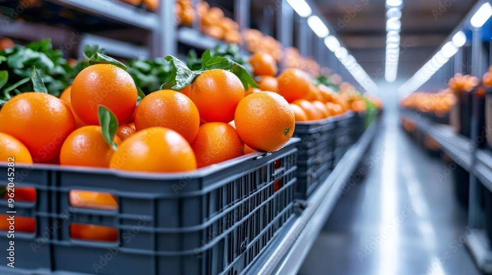 Poster a high-tech warehouse with automated sorting and packaging of fresh produce for delivery