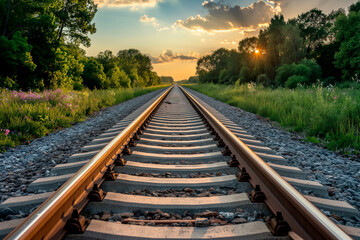 Fototapeta premium railroad track, rails outside and sky with clouds