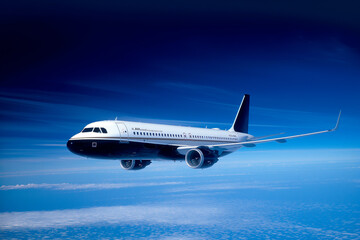 Fototapeta premium the plane flies in the blue sky with clouds