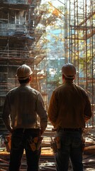 Construction Workers Back View Hard Hats Safety Equipment