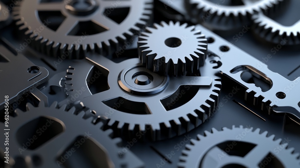 Poster a close-up view of intricately designed black gears interlocking on a mechanical surface, showcasing