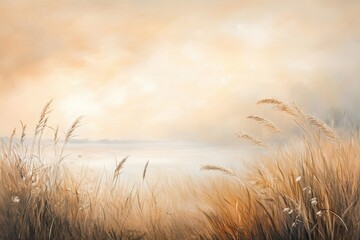 Golden Grass Silhouetted Against a Hazy Sunset Over a Watery Landscape