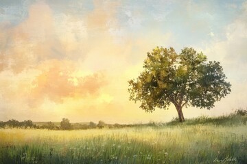 Fototapeta premium Solitary Tree in a Field at Sunset