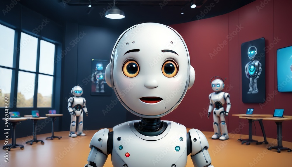 Aufkleber a white robot stands in the foreground of a classroom, with other robots visible in the background. 