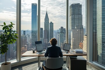 Person working on laptop with city skyline view