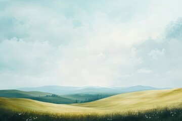 Rolling Hills and Distant Blue Mountains Under a Cloudy Sky