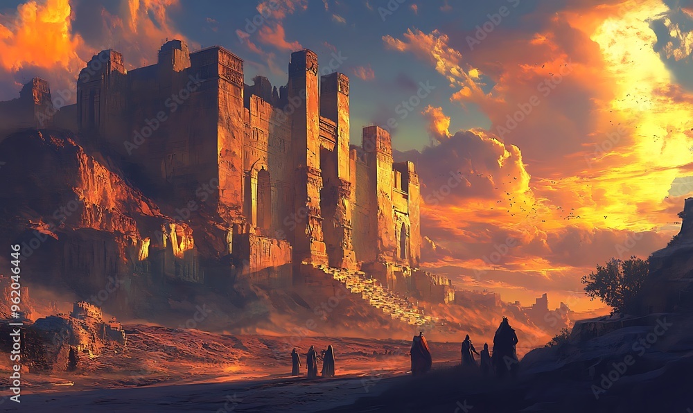 Poster ancient ruins and figures at sunset in a desolate landscape