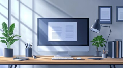 Fototapeta premium Cozy Green Office Concept Showcasing Minimalist Style: A work Desk with computer, Documents, green plants and Well-Lit Interior. graphic Resources, Illustration, 