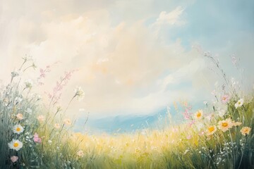 Oil Painting of a Field of Wildflowers Under a Cloudy Sky