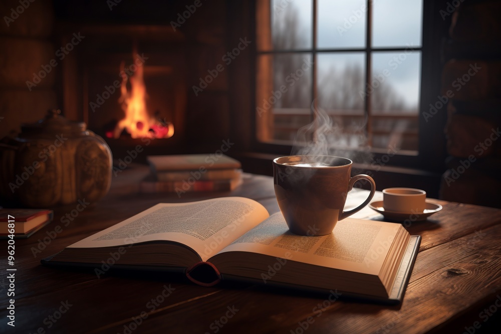 Wall mural a cozy scene with a steaming cup of coffee on an open book, set on a wooden table in front of a warm