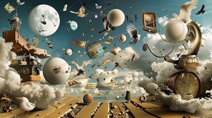 A painting of a sky with many different objects, including a clock, a bird