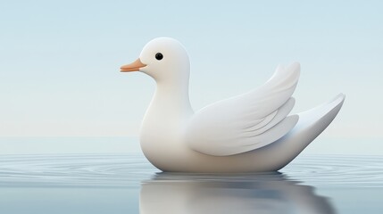 Fototapeta premium A serene white duck gracefully floating on calm water under a clear blue sky, symbolizing tranquility and nature's beauty.