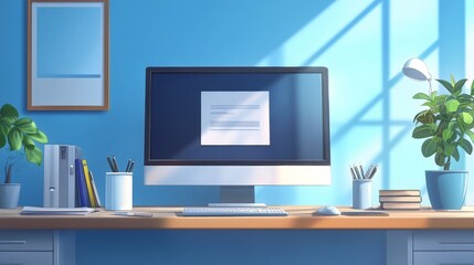 Fototapeta premium Cozy Green Office Concept Showcasing Minimalist Style: A work Desk with computer, Documents, green plants and Well-Lit Interior. graphic Resources, Illustration, 