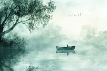 Solitary Figure in a Boat on a Misty Lake