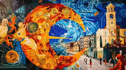 A painting of a large golden moon with a clock on it