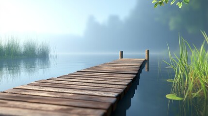 Obraz premium A tranquil wooden dock extending into a misty lake, surrounded by lush greenery, creating a serene and peaceful atmosphere.