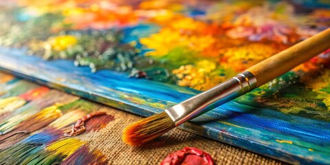 Obraz premium Paintbrush on Palette with Colorful Swirls, Palette knife, Artist Supply, Oil Painting