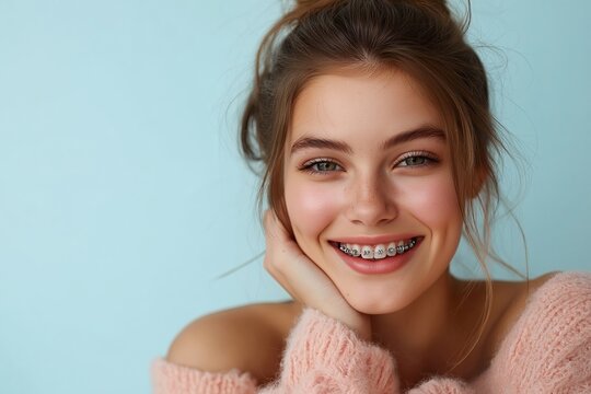 Beautiful young woman with orthodontic brackets on color background, copy space