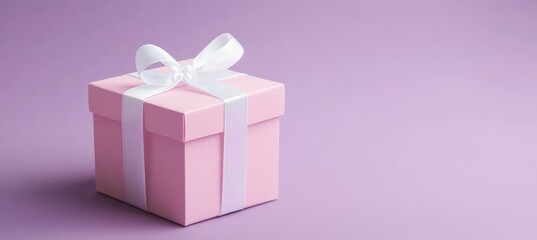 Fototapeta premium Elegant Pink Gift Box with White Ribbon on Pastel Purple Background - Perfect for Baby Showers or Spring Celebrations