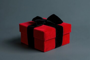 Luxurious Red Gift Box with Elegant Black Velvet Ribbon on Grey Background - Perfect for Special Occasions