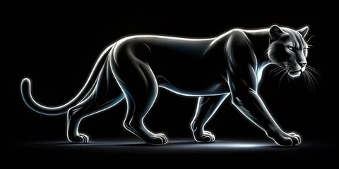 Fototapeta premium Silhouetted Panther with Glowing Outline, Digital Art, Black Background, Panther, Animal, Night