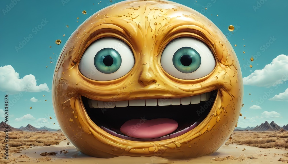Poster lively yellow emoji with large expressive eyes and a wide smile, set in a desert landscape. the emoj