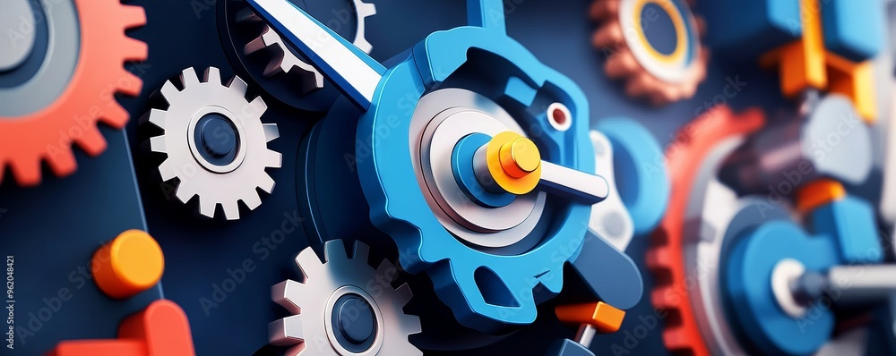 Poster close-up of colorful gears and cogs in motion, showcasing intricate details and mechanical design fo