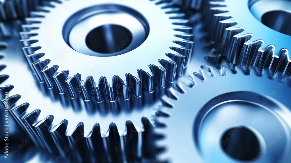 Poster close-up of interlocking metallic gears showcasing intricate details and textures for industrial or 