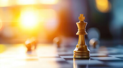 A close-up of a gold chess king on a board, symbolizing strategy, competition, and the pursuit of victory in a game.