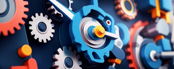 Close-up of colorful gears and cogs in motion, showcasing intricate details and mechanical design for industrial and creative themes.