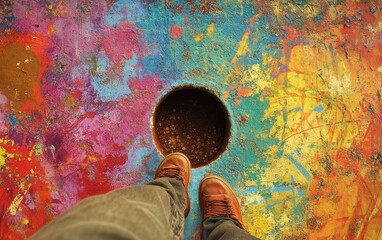 Obraz premium Breaking Boundaries: Foot Stepping Into Colorful Abstract Hole Symbolizing Movement and Exploration
