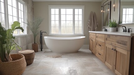 Modern bathroom with a freestanding tub and natural light.