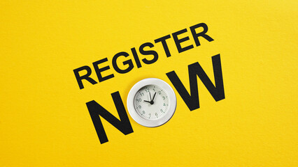 Register Now is shown using the text and photo of clock